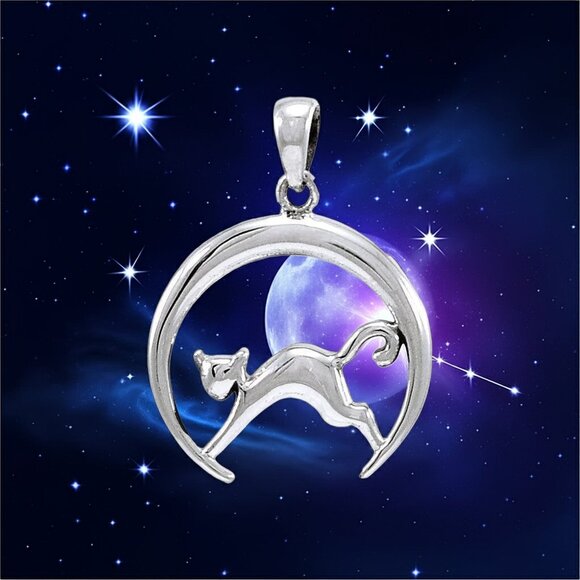 Cat Crescent Moon Charm Sterling Silver Pendant - Picture 1 of 3